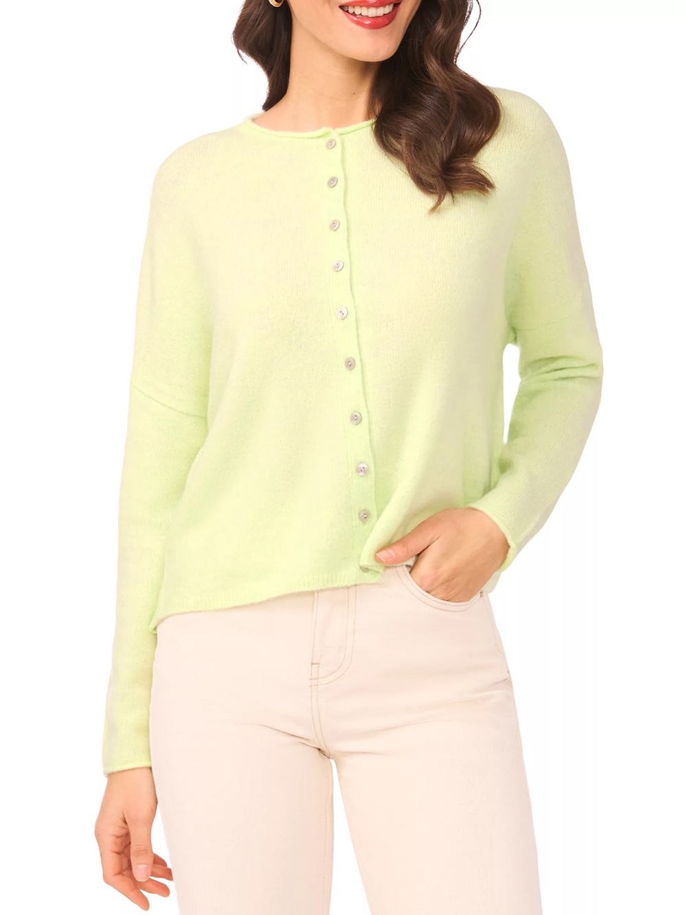 Cynthia Steffe Light Lime Button-Front Crewneck Cardigan